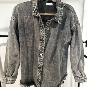 Pink Lily Charcoal Denim Shacket with Raw Hem
